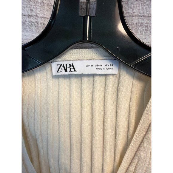 Zara Cream Ribbed V-Neck Long Sleeve Knit Sweater Size M - Picture 2 of 3